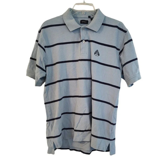 Izod Polo Shirt Collared Golf Men Size M Blue Stripe Short Sleeve FLAWS - Picture 1 of 8